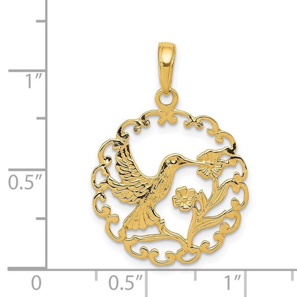 14k Yellow Gold 20mm Framed Hummingbird and Flower Pendant - Picture 4 of 5